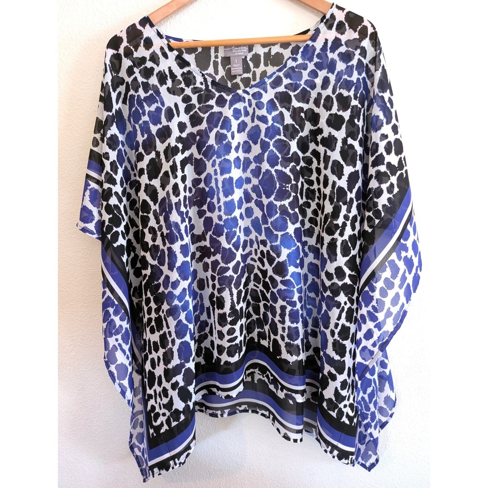 Chico's Travelers Blue Black Animal Print Poncho Kaftan Top Side Tacks Size 1 M